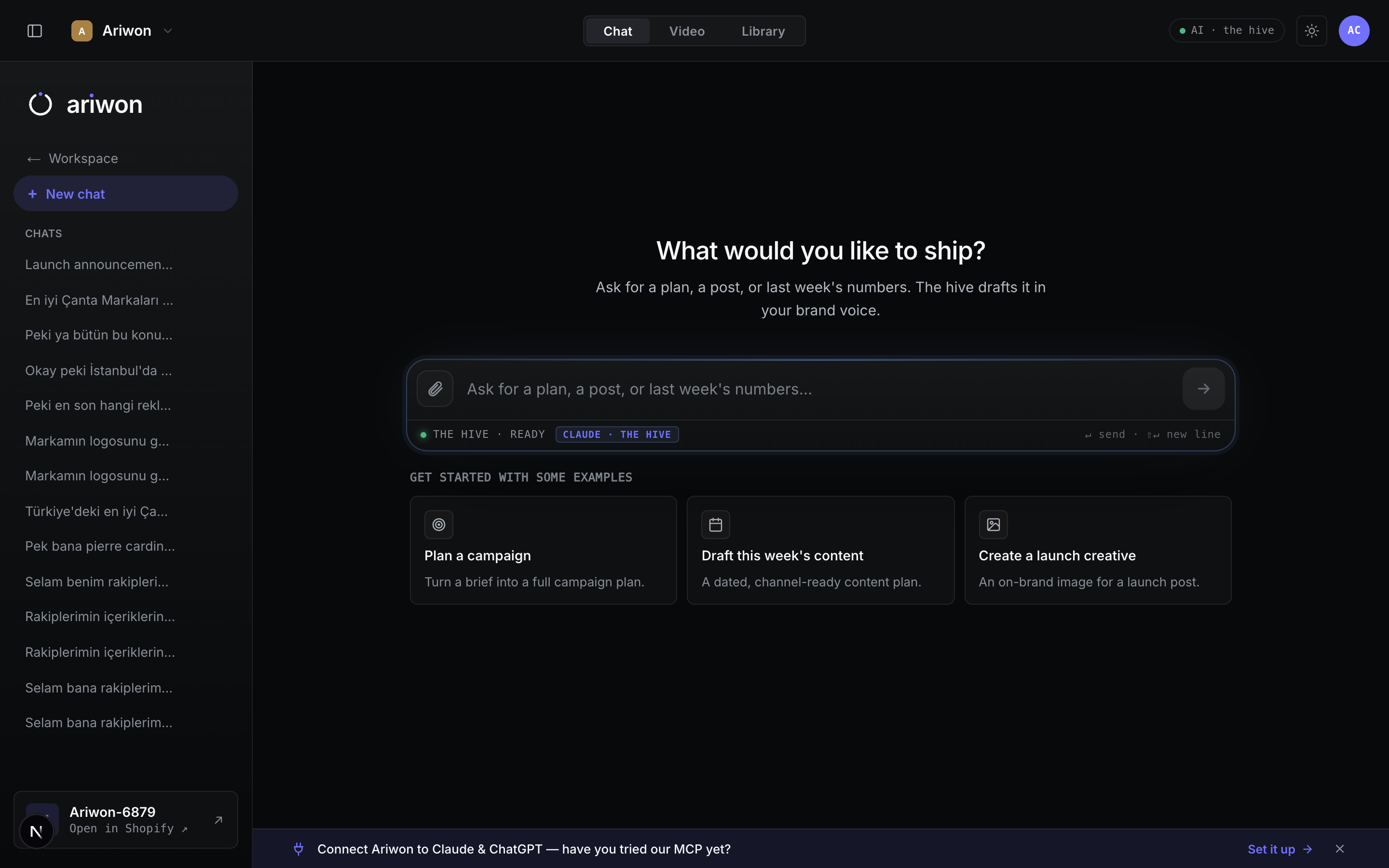 Ariwon's Vibe copilot — ask in plain language, get plans and creative back