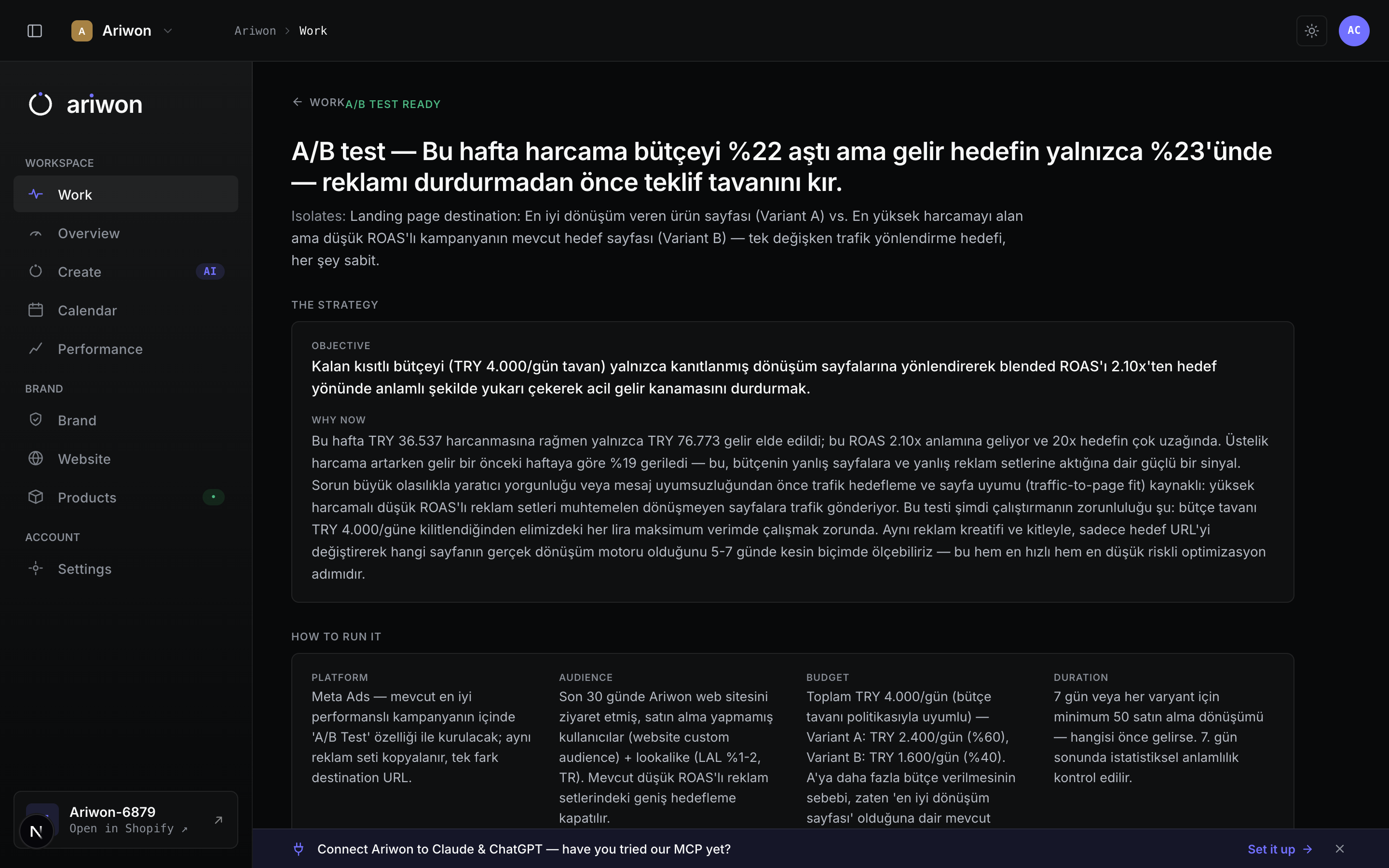 An autonomous A/B test Ariwon built — objective, run plan, and both variants